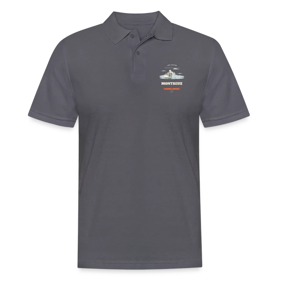 Montreux badge on a men's polo shirt, charcoal grey, front