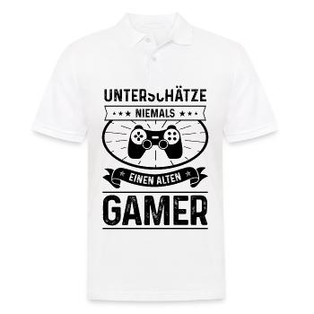 UNTSCHATZE NIEMALS EINEN ALTEN GAMER - - Männer Poloshirt - Weiß - Vorne - Kai (181cm)