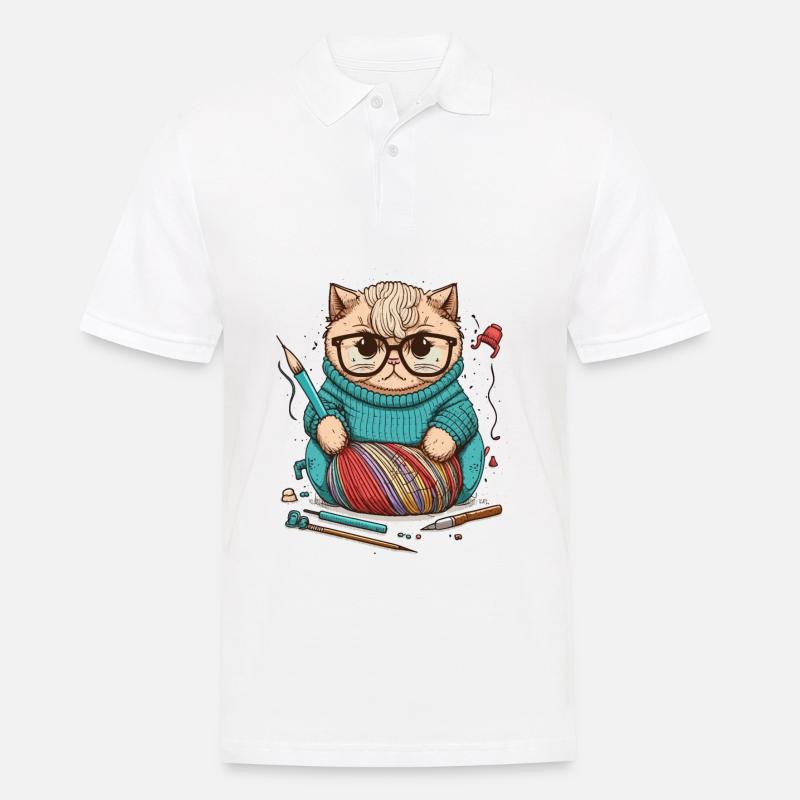 Strickende Katze - Männer Poloshirt - Weiß