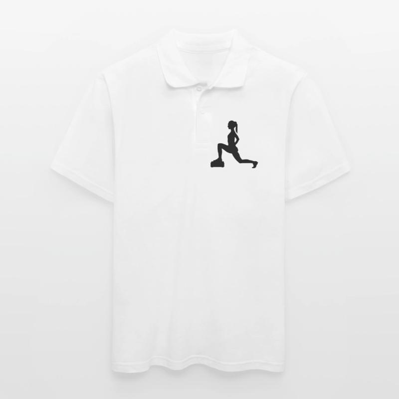 Mädchen oder Dame, die Schritte oder Aerobic macht Männer Poloshirt
