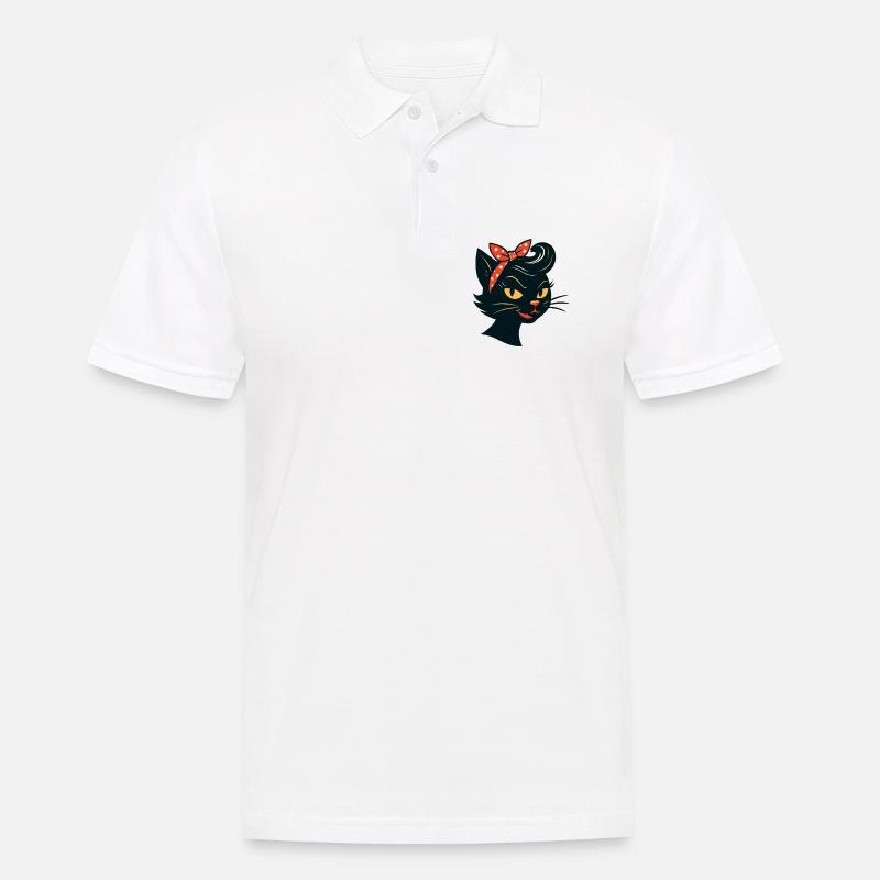Sort kat i 50'er retro-stil - Herre poloshirt - hvid