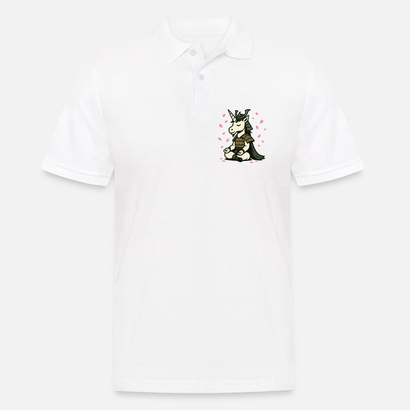 Meditierendes Samurai-Einhorn mit Kirschblüten - Männer Poloshirt - Weiß