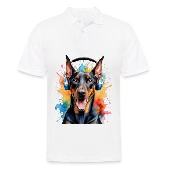 Dobermann Kopfhörer Hund Lustig Tier Design Print - Männer Poloshirt - Weiß - Vorne - Kai (181cm)