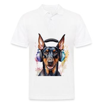 Dobermann Kopfhörer Hund Lustig Tier Design Print - Männer Poloshirt - Weiß - Vorne - Kai (181cm)