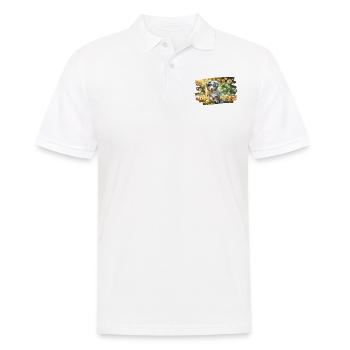 Verspielter Australian Shephe Welpe auf einer Löwenzahnwiese - Männer Poloshirt - Weiß - Vorne - Kai (181cm)