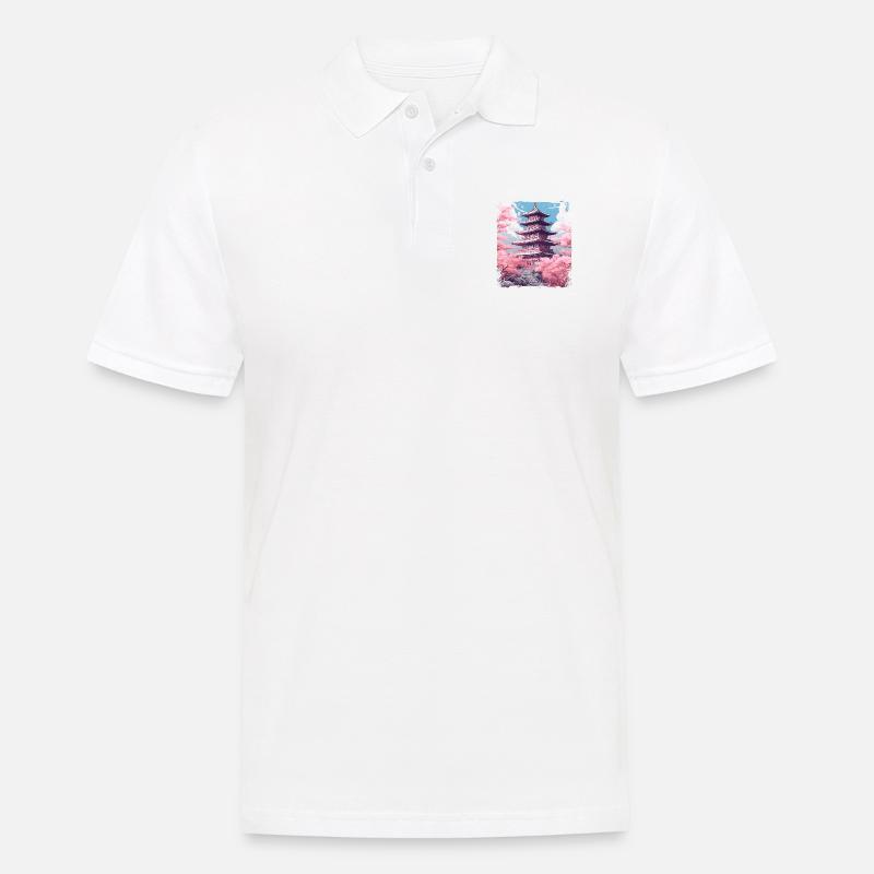 Kirschblüten-Sakura-Baum in einer Tempel-Dampfwelle - Männer Poloshirt - Weiß