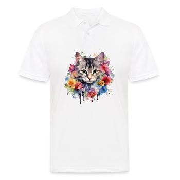 Katze Blumen Aquarell Zeichnung Kunst Bunt Floral - Männer Poloshirt - Weiß - Vorne - Kai (181cm)