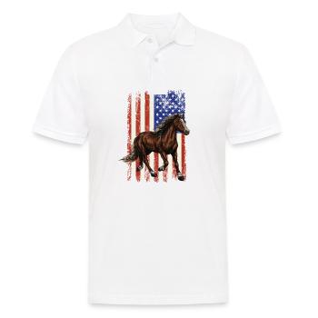 Pferd vor der amerikanischen Flagge, 4. Juli. - Männer Poloshirt - Weiß - Vorne - Kai (181cm)