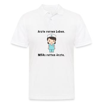 Lustiges MFA Spruchshirt – MFAs retten Ärzte - Männer Poloshirt - Weiß - Vorne - Kai (181cm)