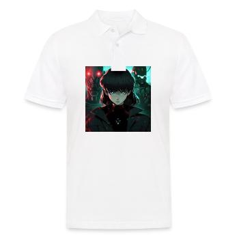 Dystopische Jungfrau: Frau in Schwarz im Anime-Stil - Männer Poloshirt - Weiß - Vorne - Kai (181cm)