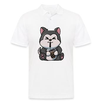 Anime Kawaii Bubble Tea Drinking Husky Hand Drawn - Men's Polo Shirt - white - Front - Kai (181cm)
