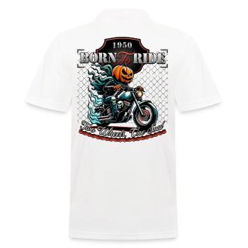 Born to Ride: Kürbis Kopf Motorrad Halloween - Männer Poloshirt - Weiß - Hinten - Kai (181cm)