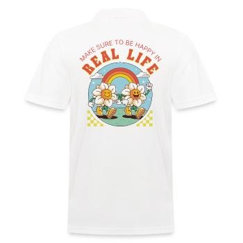 Be Happy in Real Life – Retro Floral Saying - Men's Polo Shirt - white - Back - Kai (181cm)