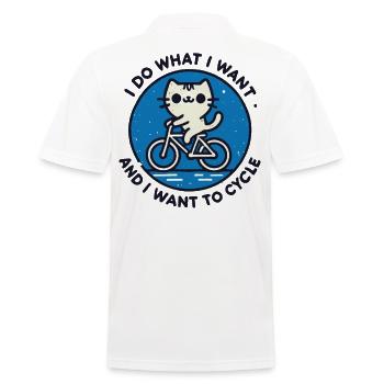 Retro cat motif on bicycle with humor and power - Men's Polo Shirt - white - Back - Kai (181cm)