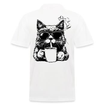 Cool: Katze mit Sonnenbrille, Zigarette und Kaffee - Männer Poloshirt - Weiß - Hinten - Kai (181cm)