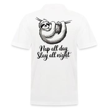 Nap All Day, Slay All Night Faultier Design - Männer Poloshirt - Weiß - Hinten - Kai (181cm)