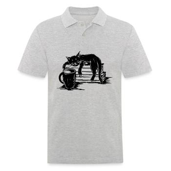 Chat fatigué, avec café et dessin de livre, drôle - Polo Homme - gris chiné - Devant - Kai (181cm)