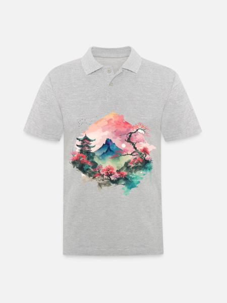 Asiatische Aquarelllandschaft - Männer Poloshirt - Grau meliert