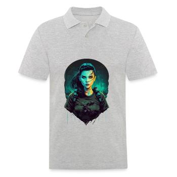 Trendige digitale Illustration einer wunderschönen - Männer Poloshirt - Grau meliert - Vorne - Kai (181cm)