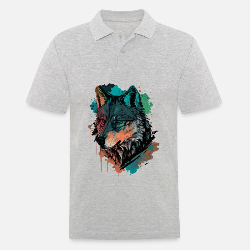 Cooles digitales Gemälde eines Wolfes - Männer Poloshirt - Grau meliert