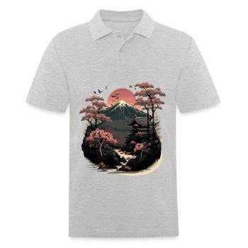 Japanische Holzschnittlandschaft - Männer Poloshirt - Grau meliert - Vorne - Kai (181cm)