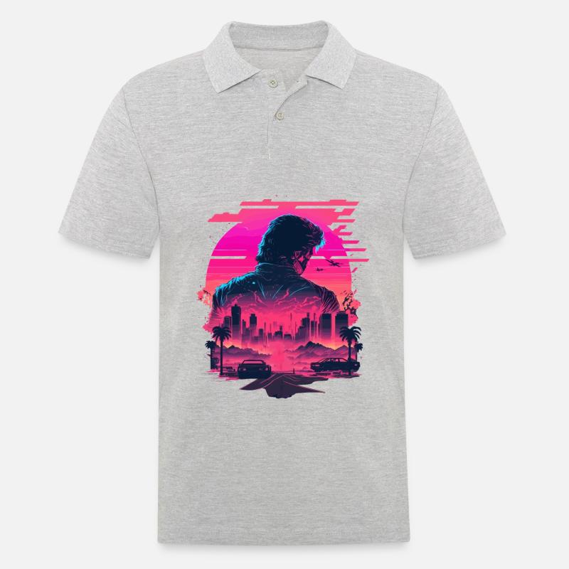 Synthwave City Skyline - Männer Poloshirt - Grau meliert