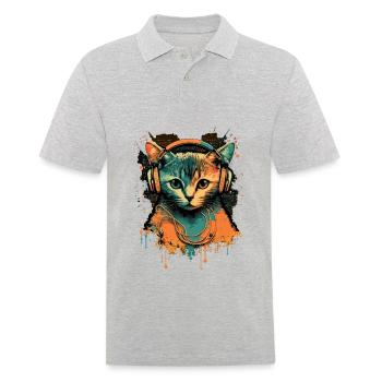Retro Cat with Headphones - Men's Polo Shirt - heather grey - Front - Kai (181cm)