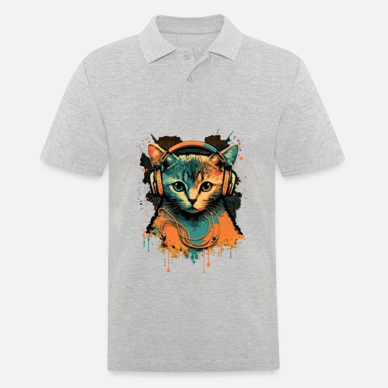 Retro Cat mit Kopfhörern - Männer Poloshirt - Grau meliert