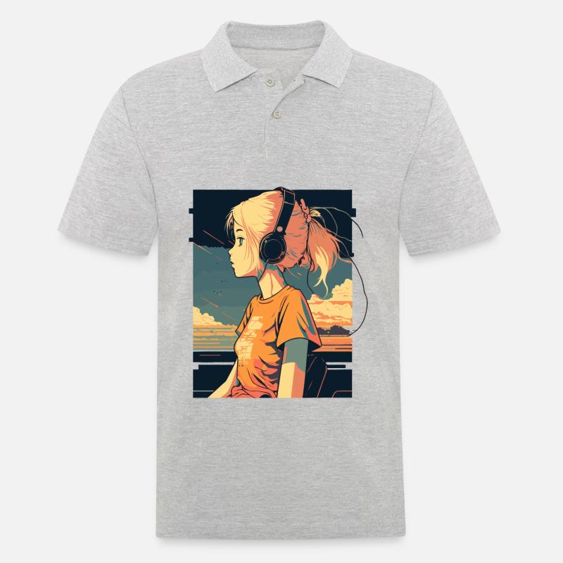 Retro Anime Mädchen - Männer Poloshirt - Grau meliert