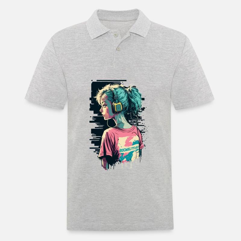 80er Jahre Mädchen mit Kopfhörern - Männer Poloshirt - Grau meliert