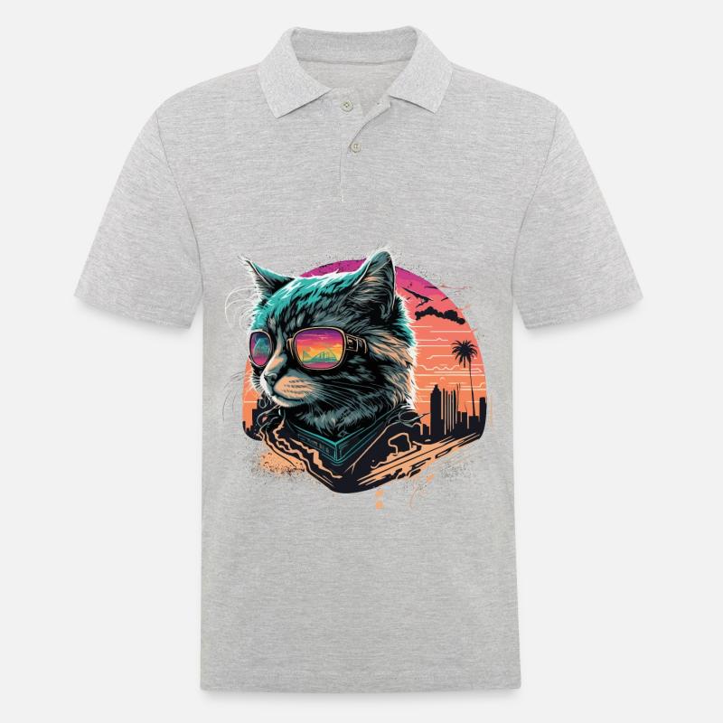 Synthwave Style Kat - Männer Poloshirt - Grau meliert