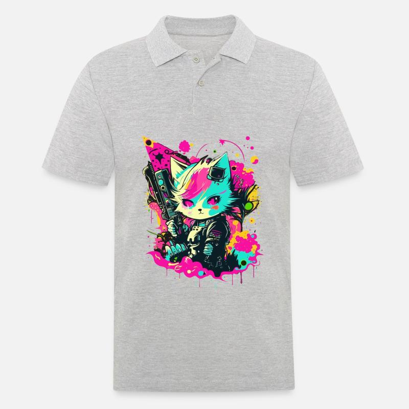 Cyper Warrior Kitty - Männer Poloshirt - Grau meliert