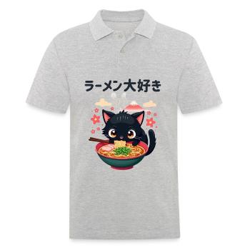 Cute Japanese Cat Eating Ramen Noodle Dish - Men's Polo Shirt - heather grey - Front - Kai (181cm)