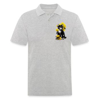 Chaton assis avec des fleurs jaunes - Polo Homme - gris chiné - Devant - Kai (181cm)