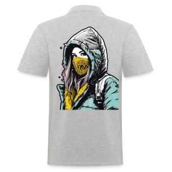 Kapuzenfrau trägt eine Gesichtsmaske mit einem gelben - Männer Poloshirt - Grau meliert - Hinten - Kai (181cm)