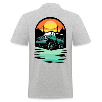 Sonnenuntergang eine Brücke und ein LKW - Männer Poloshirt - Grau meliert - Hinten - Kai (181cm)