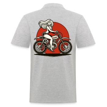 cool girl rides retro motocross motorcycle - Men's Polo Shirt - heather grey - Back - Kai (181cm)