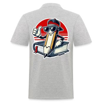 Cooler Bleistift mit Buch und Daumen hoch - Männer Poloshirt - Grau meliert - Hinten - Kai (181cm)