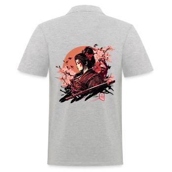 Wunderschöne Kriegerin mit Kirschblüten Sakura - Männer Poloshirt - Grau meliert - Hinten - Kai (181cm)