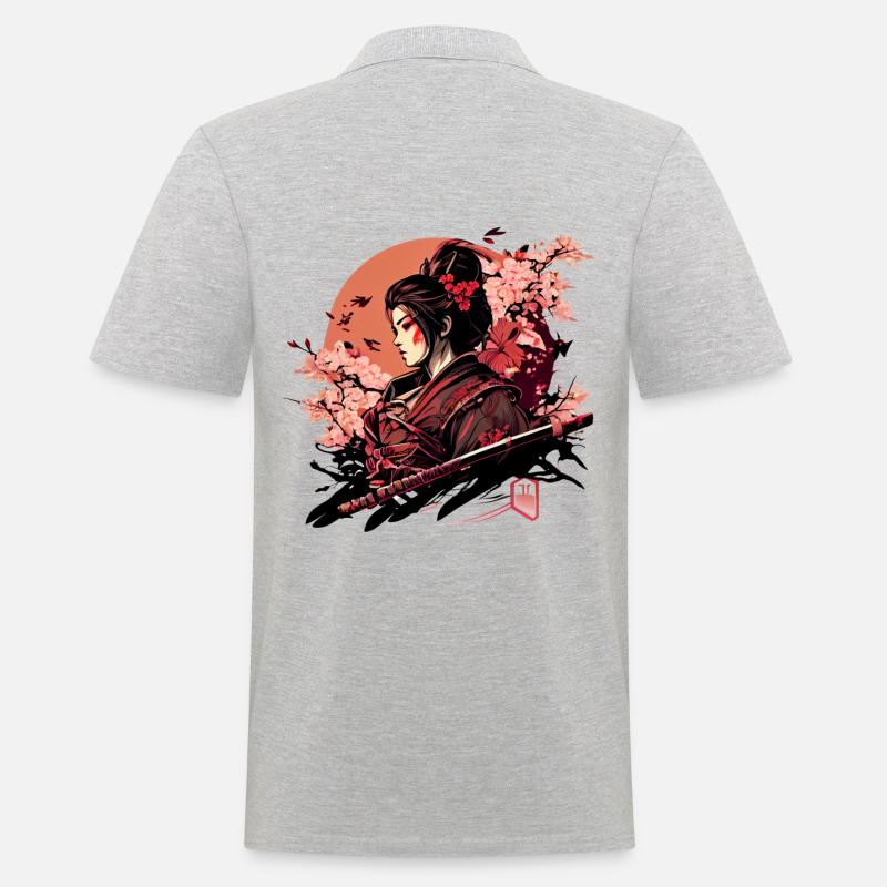 Wunderschöne Kriegerin mit Kirschblüten Sakura - Männer Poloshirt - Grau meliert