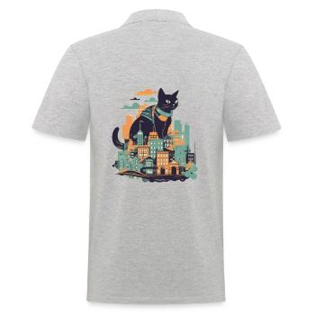 Chat noir assis devant une ville colorée - Polo Homme - gris chiné - Dos - Kai (181cm)