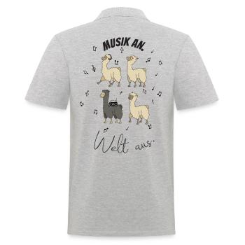 Alpaka- Design für Musiker. Musik an. Welt aus. - Männer Poloshirt - Grau meliert - Hinten - Kai (181cm)