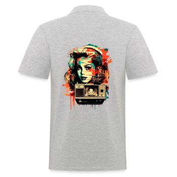 Retro Portrait von einer jungen Frau - Männer Poloshirt - Grau meliert - Hinten - Kai (181cm)