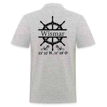 Wismar-Steuerrad, Anker & Koordinaten-Hansestadt - Männer Poloshirt - Grau meliert - Hinten - Kai (181cm)
