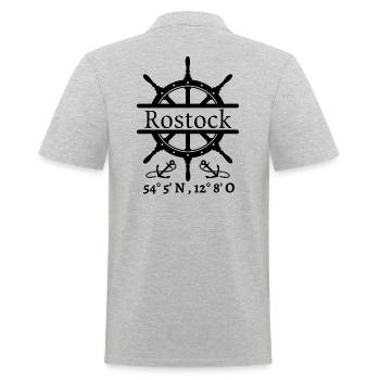 Rostock-Steuerrad, Anker & Koordinaten-Hansestadt - Männer Poloshirt - Grau meliert - Hinten - Kai (181cm)