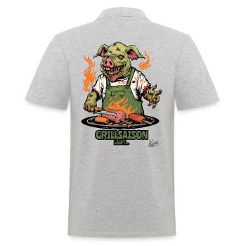 Grillades au barbecue : saison des barbecues avec cochon zombie - Polo Homme - gris chiné - Dos - Kai (181cm)