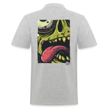 Zoom auf dieses Zombie-Gesicht: Gruselig stylisch! - Männer Poloshirt - Grau meliert - Hinten - Kai (181cm)