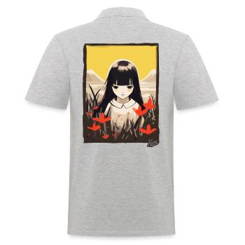 Japanisches Asiatisches Mädchen im Blumenfeld - Männer Poloshirt - Grau meliert - Hinten - Kai (181cm)