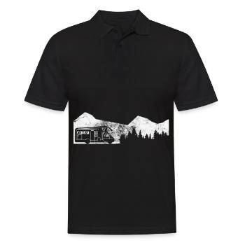 Berg - Bäume - Campingwagen - (2) - Männer Poloshirt - Schwarz - Vorne - Kai (181cm)