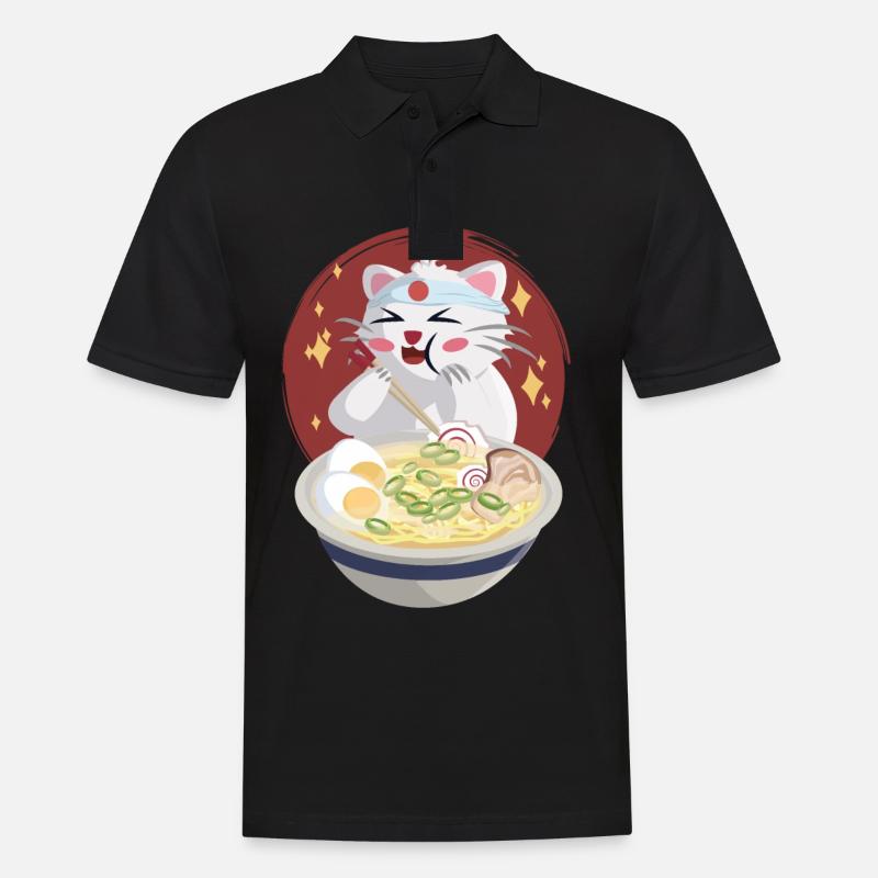 Katze isst Nudeln - Männer Poloshirt - Schwarz